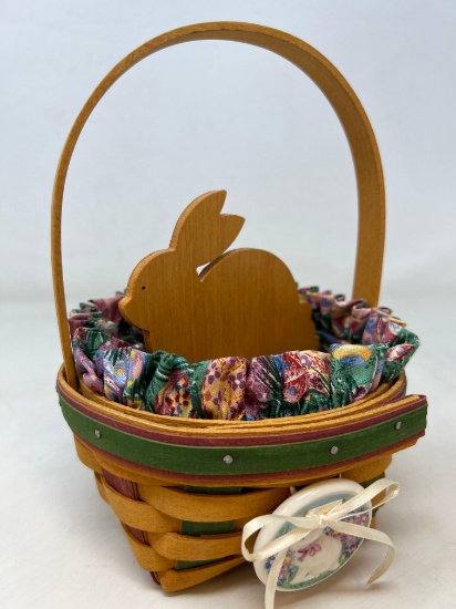 1999 Small Longaberger Easter Basket with Wooden Bunny 4-Way Divider, Liner, Protector and Tie-On