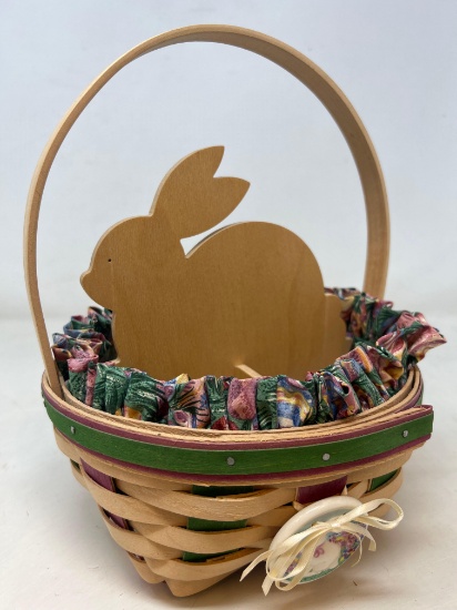 1999 Large Longaberger Easter Basket with Wooden Bunny 4-Way Divider, Liner, Protector and Tie-On