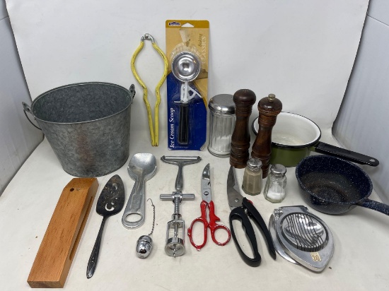 New and Vintage Kitchen Tools: Galvanized Pail, Cook Pots and Kitchen Utensils