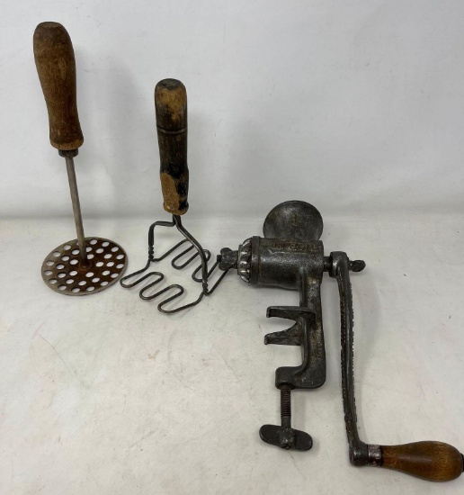 Antique Kitchen Tools: Universal Grinder, Wood Handled Ricer and Potato Masher