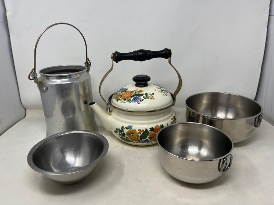 Stainless Steel Mixing Bowls, Milk Pail and Vintage Jardine Enameled Flowered Tea Pot