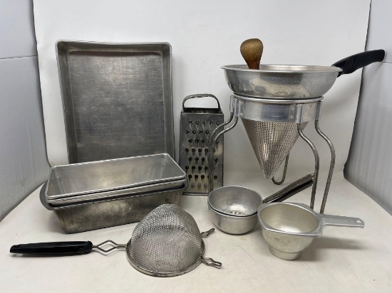 Vintage: Bread Tin, Cake Pan, Box Grater, Food Mill with Wooden Pestle, Jar Funnel and Strainers