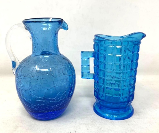 2 Vintage Blue Glass Small Pitchers