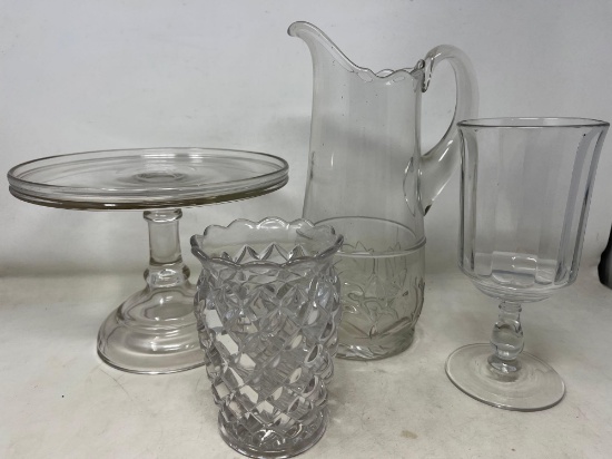 Glass Grouping- Large Pitcher, Cake Stand, Vase and Pedestal Vase