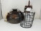 Country Primitive Decor- Agate Coffee Pot with Candle, Wire Egg Basket, Other Decorated Metal Can