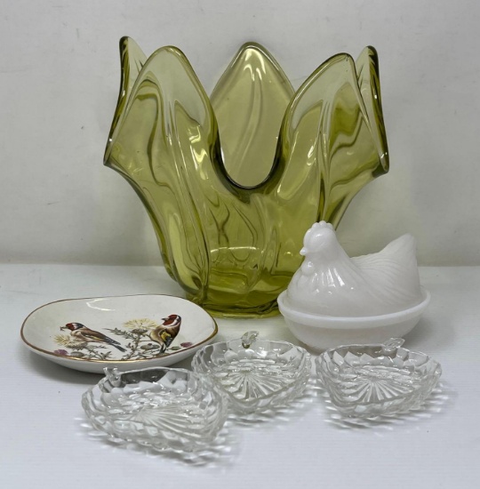 Vintage Green Glass Swung Bowl, Milk Glass Hen/Nest, 3 Glass Leaf Dishes and Birds on Thistle Plate