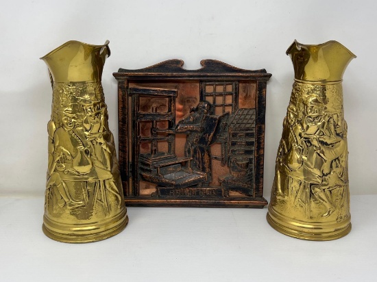 Brass Type PItchers with Relief Design and Wooden Relief Plaque