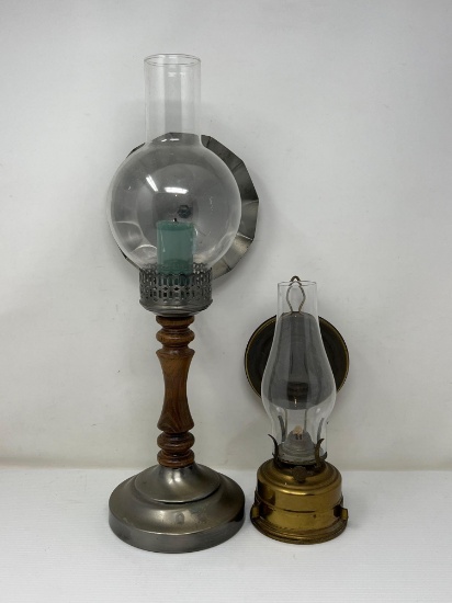 Candle Holder with Wood Turned Base with Chimney & Reflector and Brass Oil Lamp with Reflector