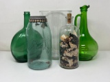 Blue Ball Canning Jar, Green Bottle & Pitcher, Clear Vase and Corked Bottle with Potpourri