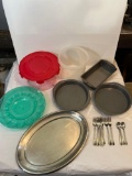 3 Metal Baking Pans, Green Egg Dish, Silver Tray, Food Storage Containers, Flatware