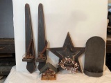 Pair of Wooden Candle Sconces, Wooden Star, Small Patriotic Bird House and Tin Candle Holder