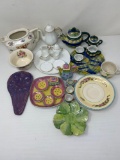 3 Miniature Tea Sets, Tea Pot (No Lid), Open Sugar, Spoon Rest, Cup and 2 Unmatched Saucers