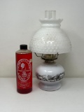 White Glass Base Oil Lamp with Chimney, Hobnail Shade and Lamp Oil