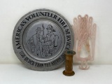 Pewter Volunteer Fire Service Plate, 2 Pink Plastic Hangers and Wooden Spool