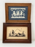 2 Framed Scherenschnitte Paper Cuttings- Girls on Fence and Shepherd with Sheep