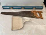 Blue Metal Level, Hand Saw and Metal Dust Pan