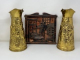 Brass Type PItchers with Relief Design and Wooden Relief Plaque