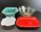 Square Blue Bowl, Holly Bowl, Red Square Plate and Milk Glass Bowl