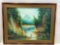 Oil on Board Painting of Asian Boat on River in Bamboo Frame