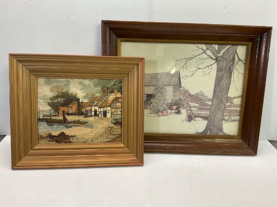 Framed Needlepoint Village by Lake and Framed Print of Barn