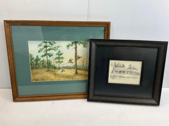 Framed Watercolor Flying Birds by Whiteman and Framed Pencil Sketch of House