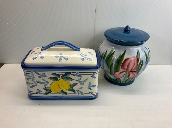 Ceramic Lidded Storage Box with Lemons and Lidded Ginger Jar with Irises