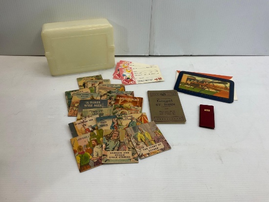 Small Bible Story Booklets, 1907 Date Book, Birth Announcement Cards, Plastic Box