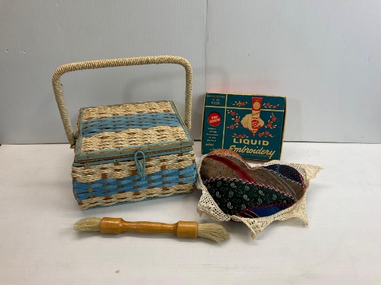 Wicker Sewing Box, Double-Ended Brush, Pin Cushion and Liquid Embroidery Pen