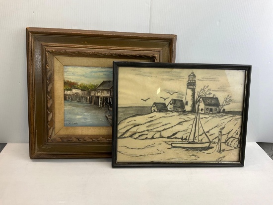 Framed OIl Painting Wharf Scene and Framed Pencil Sketch of Lighthouse by Steiner