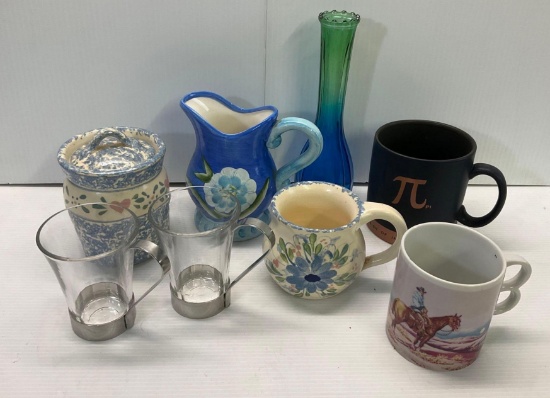 Mugs, Ceramic Lidded Sugar, Milk Pitcher and Green/Blue Vase