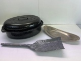 Enamelware Roaster, Metal Fireplace Shovel and Pewter Bread Tray