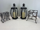 Wrought Iron Lot- Pair of Candle Holders with Finials, Napkin Holder and Square Holder