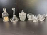 Clear Glass Grouping- 3 Cups, Lidded Sugar, Candle Stick and Cologne Bottle w/ Stopper
