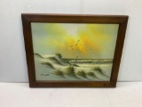 Framed Oil Painting of Beach Dunes with Seagulls