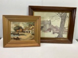 Framed Needlepoint Village by Lake and Framed Print of Barn