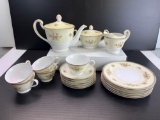 Noritake China Tea Service- Tea Pot, Lidded Sugar, Creamer, 6 Dessert Plates, 5 Cups & 6 Saucers