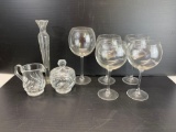 5 Stemmed Glasses, Crystal Lidded Sugar & Creamer and Bud Vase