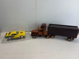 Wooden Tractor Trailer and Yellow Model Car in Display Case