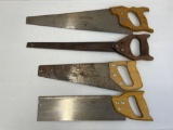 3 Vintage Hand Saws and One Miter Saw- Top one is Disston Rancher