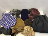 Winter Clothes: Various Styles of Hats, Gloves, Blue Plaid Shirt and Black Arctix Snow Pants