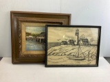 Framed OIl Painting Wharf Scene and Framed Pencil Sketch of Lighthouse by Steiner