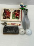 1993 Coca-Cola Christmas Playing Cards, Print Block, Smurf Figure, Can Opener, Shoe Horn, Golf Balls