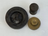4# Weight, Lidded Container, and Brass Paperweight