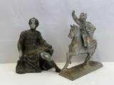 2 White Metal Figures- Seated Man with Sword and Man in Hat on Horseback