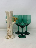 4 Green Stemmed Wine Glasses and Squirrel Vase