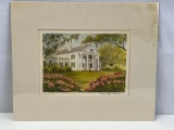 Matted Watercolor Painting of Southern Home with Columns, Signed Mary Ellen Golden