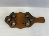 Wooden Flight Paddle with Handle and 6 Pewter Cups Marked 