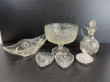 Glass Grouping- Oblong Bowl, Pedestal Bowl, 2 Heart-Shaped Bowls, Cruet and Lidded Dish w/ Bird Top