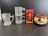 3 Glass Flintstone Mugs, Lion King Cup in Box and Tazmanian Devil Mug