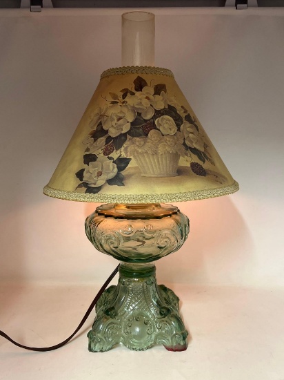 Electrified Oil Lamp Base with Floral Shade